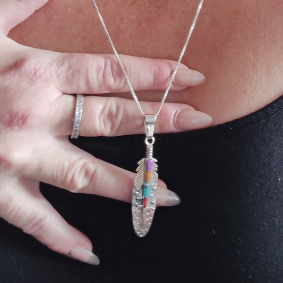 Silver & Turquoise Feather Pendant - Picture 3 of 4